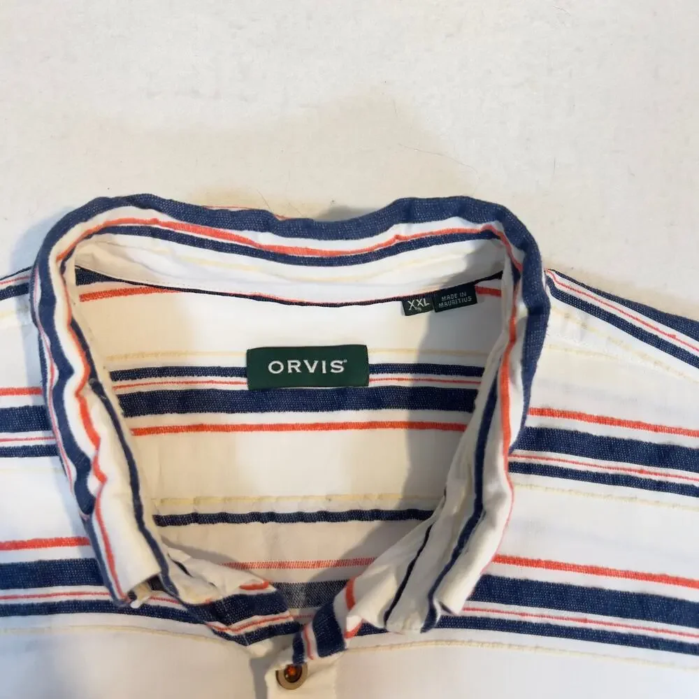 Orvis Button Shirt Men's XXL White Blue Orange Stripe Short Sleeve Linen Feel